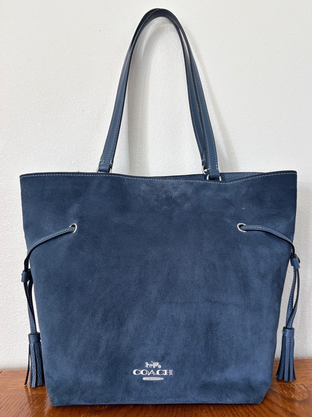 Coach Andy Blue Suede Tote Bag Tassel Drawstring